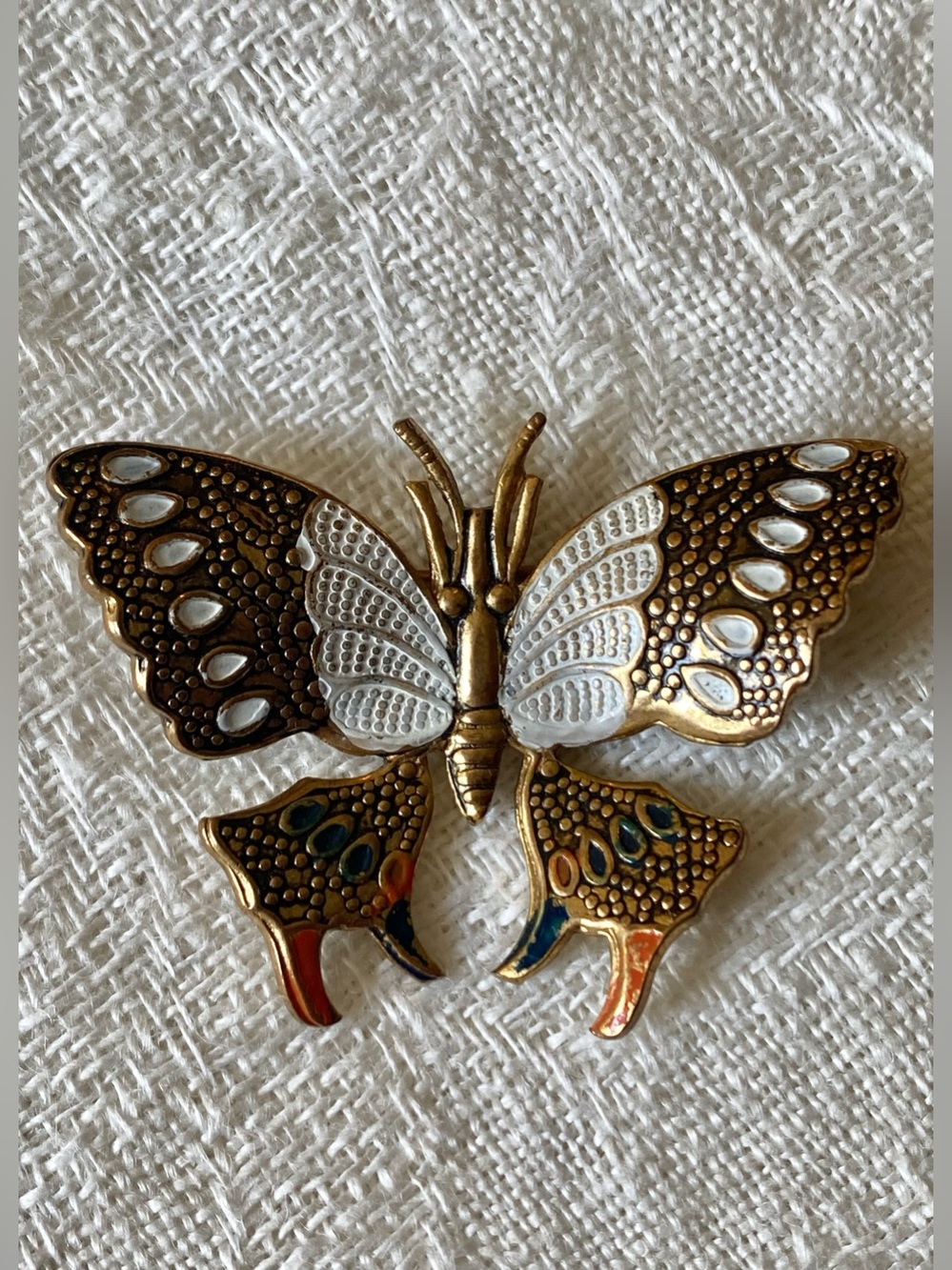 Spain Damascene Multicolor Enamel Textured Butterfly Brooch Pin Vintage